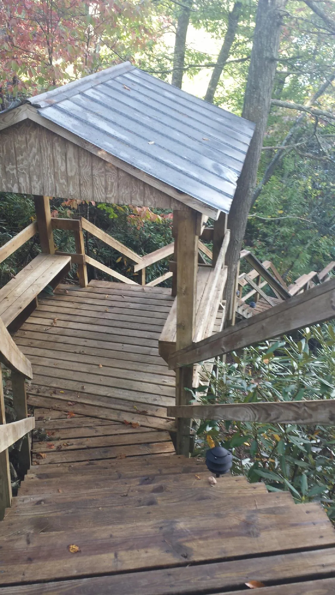 Metal roofed shelter over wooden steps on a wooded walkway — Skylight Repair & Installation work by our crew in Reno